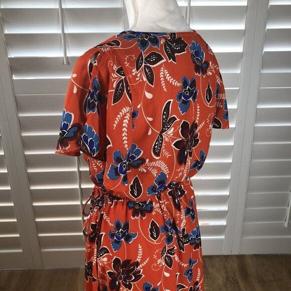 Crescent Surplice Mock Wrap Maxi Dress Small Flutter Sleeve Coral Floral Print - Picture 9 of 12